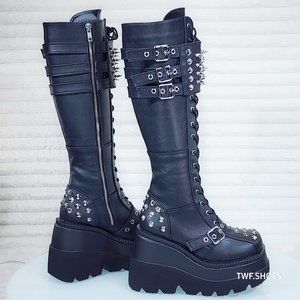 Shaker 232 Goth Punk Rave Platform Wedge Knee Boots Spikes